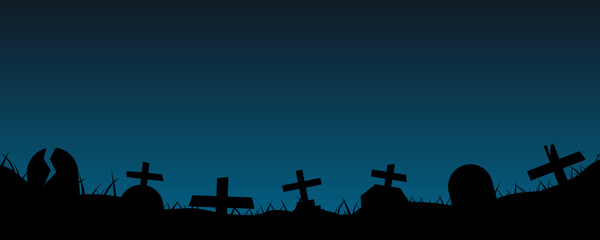 Fototapeta na wymiar Happy Halloween in a creepy forest at horror night in the graveyard. Holiday Halloween. Black silhouettes of pumpkins on the cemetery on blue background. Graveyard trees. Vector illustration.