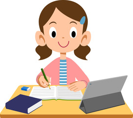 タブレットを使い学習する女の子
