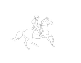Fototapeta na wymiar Ponies sport, young rider and small horse, linear drawing for coloring