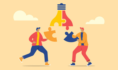 two people are putting together a puzzle of bulb light for the achievement of ideas together.