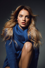 Beautiful young girl with blond hair in a blue sweater on a gray background posing in the studio.