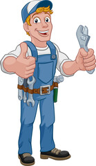 Mechanic plumber maintenance handyman cartoon mascot man holding a wrench or spanner. Giving a thumbs up