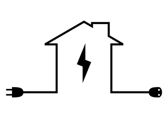 Electric plug and socket outlet with electricity bolt spark in building city home black icon flat vector design.