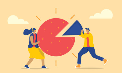 Fototapeta premium businessman and women are dividing the circle illustration.