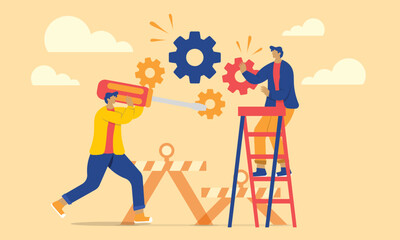 Two people examining operating system error warning on web page isolated flat illustration. Maintenance illustration.