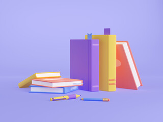 3d render books, textbook stack, pencil and pen on purple background. Colorful schoolbooks and stationery lying and standing on surface. Volumes with bookmarks, educational literature illustration