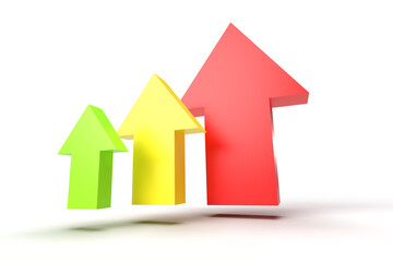 3d render. Red yellow and green up arrows on white background. 