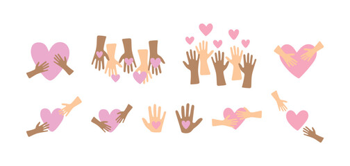 International Day of Charity illustrations set. Simple decorative elements to indicate charity and help - hands with hearts. Flat icons for charitable foundations and events, for organizing donations.