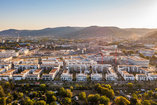 Germany, Baden-Wurttemberg, Heidelberg, Aerial view of passive house settlement Bahnstadt