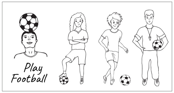 Football players. Male and female characters playing football. Boy playing with a ball.  Girl playing football. Hand-drawn doodle soccer illustration.	
