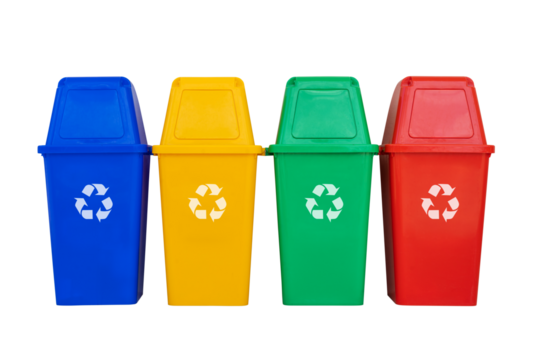 four colorful recycle bins