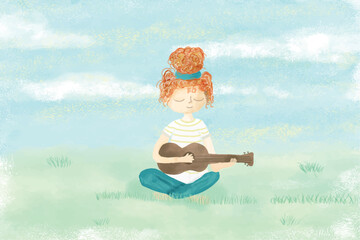 Girl playing guitar relaxing in the garden - watercolor painted illustration - 526680715