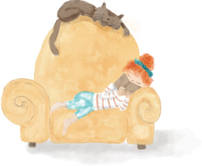 Girl child reading a book on the sofa with her cute cat - Hand painted watercolor illustration isolated on white background