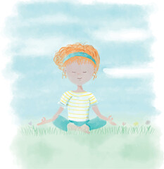 Young girl relaxing in the garden with yoga position - Hand painted in digital watercolor illustration isolated on white background - 526680720