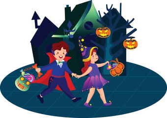 Halloween Costume Kids Play Together Vector Illustration