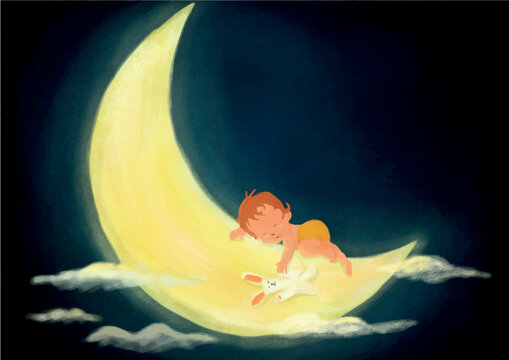 Digital painted night scene of baby kid sleeping on light moon and cluods on the dark sky textured vector illustration created with watercolor, oil and gouache brushes