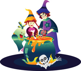 Halloween Witch Cooks A Magic Potion In A Cauldron