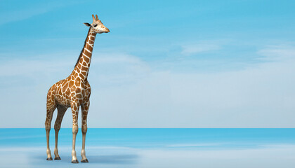 3d illustration of alone wild giraffe on sky blue background 