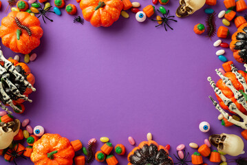 Halloween concept. Top view photo of pumpkins skulls skeleton hands candies eyeballs spiders and...