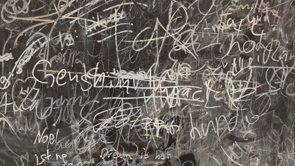 weiße handschriftliche Schmierereien auf schwarzer Tafeloberfläche