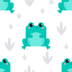 The Green Frog Pattern with cute cartoon animals. Kawaii children's print with pets. Vector illustration for fabric, paper, wallpaper, packaging
