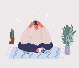 Vector illustration of Young depressed male character sitting on the floor and holding his head, mental health issues