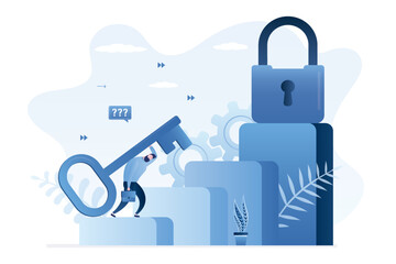 Tired businessman drags huge key to padlock. Loser entrepreneur cannot up to career ladder and open way to success. Unsuccessful employee cannot overcome obstacles in work and achieve goals.
