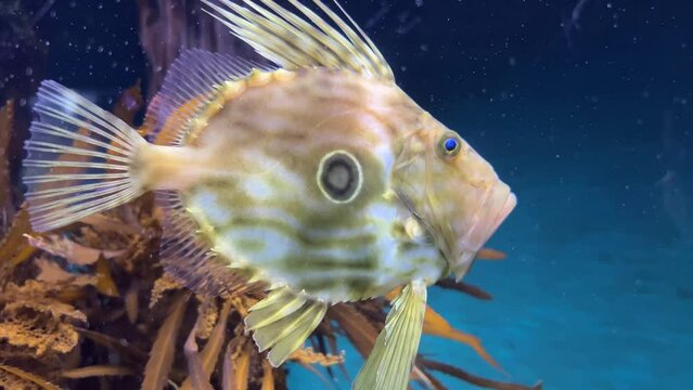 Close view of a John Dory fish with blue eyes swimming close to kelp