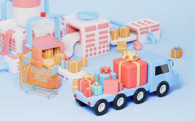 Gifts on the truck, shopping cart and conveyor, logistics and shopping concept, 3d rendering.