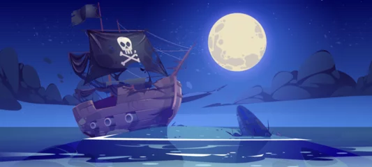 Small island in sea with broken pirate ship at night. Vector cartoon illustration of ocean beach landscape with abandoned old wooden corsair boat with black flag and sails after shipwreck