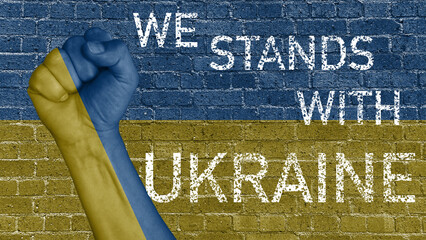 A raised fist screaming, we stand with Ukraina.
