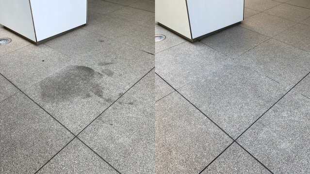 Before and after, stain removal and cleaning of oil stains on an outdoor gray granite floor