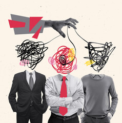 Collage. Contemporary artwork. Three man in official clothes with tangled head being controlled by hand. Professional manipulation