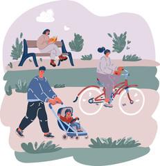 Vector illustration of Woman read book in the park, man with baby stroller and woman ride the bike
