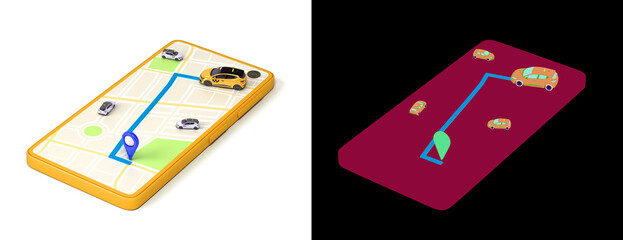 Ordering a taxi cab online internet service transportation concept navigation pin pointer with  yellow taxi on phone screen 3d render illustration on white with alpha - 526684502