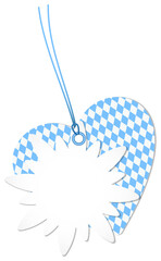 Etikett Zwei Edelweiß und Herz Oktoberfest Weiß Rautenmuster Hellblau