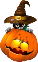 Photo sur Plexiglas Dessiner Chat d& 39 Halloween avec un chapeau de sorcière et une citrouille d& 39 Halloween - 2