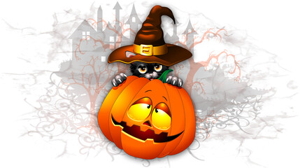 Chat d& 39 Halloween avec un chapeau de sorcière et une citrouille d& 39 Halloween - 1