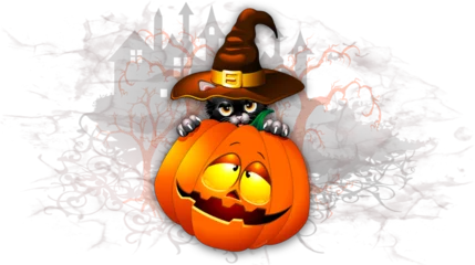 Papier Peint photo autocollant Dessiner Chat d& 39 Halloween avec un chapeau de sorcière et une citrouille d& 39 Halloween - 1