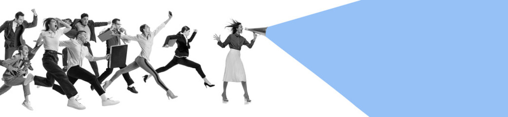 Creative design. Contemporary art collage. Motivated people running in search of new profitable...