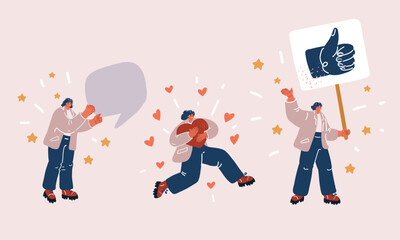 Vector illustration of Woman hold hearts emoji social media thumbs up and speech bubble