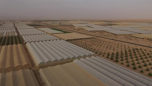 Israel food production and cultivation, drone flight over massive complex of greenhouses in Negev desert