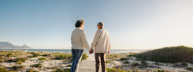 Fototapeta premium Panoramic view of a senior couple holding hands at the beach