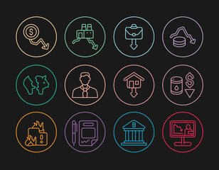 Set line Global economic crisis news, Drop in crude oil price, Briefcase, Worker, Broken piggy bank, Dollar rate decrease, Falling property prices and Shutdown of factory icon. Vector
