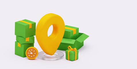 3d illustration of delivery.  Green boxes with a watch and a gift. Close-up of the yellow geolocation sign. On a white background. In cartoon style. 3d rendering