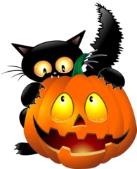 Photo sur Plexiglas Dessiner Chat drôle de personnage de dessin animé d& 39 Halloween mordant une citrouille - 2