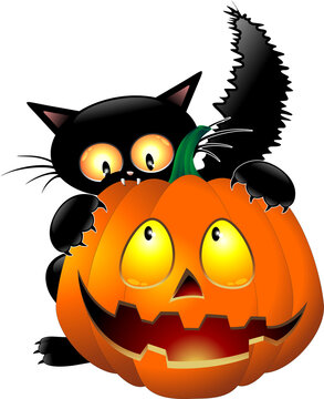 Cat Funny Halloween Cartoon Character biting a Pumpkin - 2