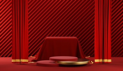 3D rendering of blank product background for cream cosmetics Modern red podium background