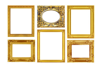 Set of isolated golden vintage frames on white background.
