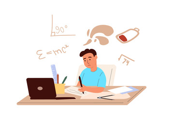 Tired overworked pupil boy sit sad and studying,learning math science.Exhausted fatigue kid,tired overload head,sit at computer desk,school learning.Flat vector illustration isolated isolated on white